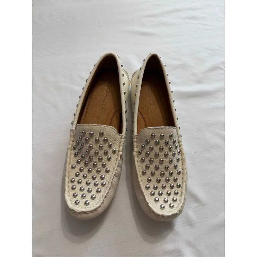 Coach Arlene Studded Pebble Leather Chalk Loafers Size 6.5 6 1/2 B New